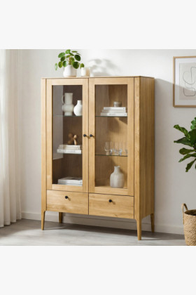 Kétszárnyú tömör tölgyfa vitrin modern dizájnnal, természetes fa