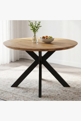 Kerek tölgyfa étkezőasztal epoxi résszel, fekete fém lábakkal, 120 cm