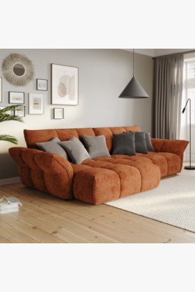 Modern sarokkanapé fenyővázzal, kényelmes fekvőfelülettel