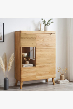 Alacsony vitrineszekrény tölgyfa tömörfából lábakon, Praha típus 45