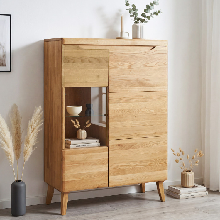 Alacsony vitrineszekrény tölgyfa tömörfából lábakon, Praha típus 45