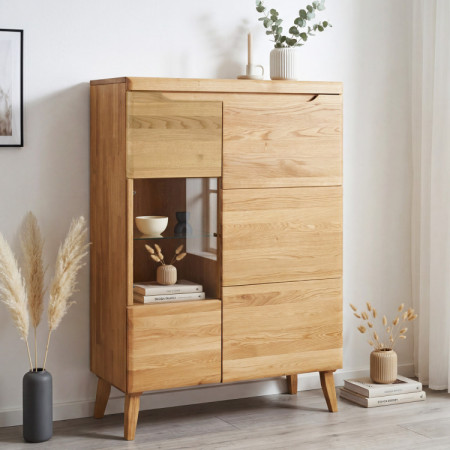 Alacsony vitrineszekrény tölgyfa tömörfából lábakon, Praha típus 45