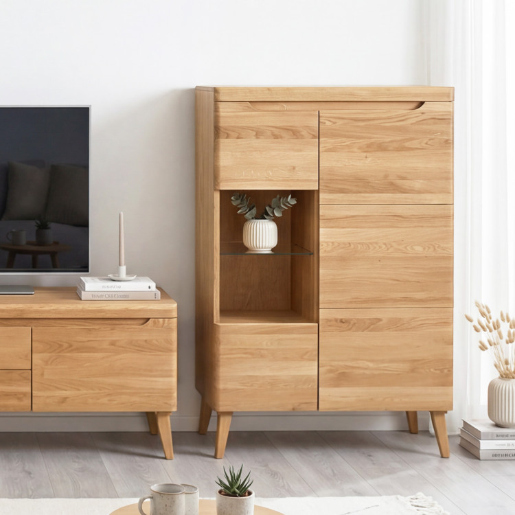 Alacsony vitrineszekrény tölgyfa tömörfából lábakon, Praha típus 45