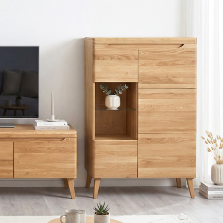 Alacsony vitrineszekrény tölgyfa tömörfából lábakon, Praha típus 45