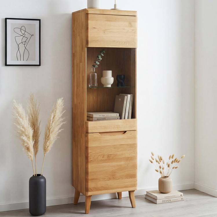 Magas tömör tölgy vitrin lábakon, Prága típus 10