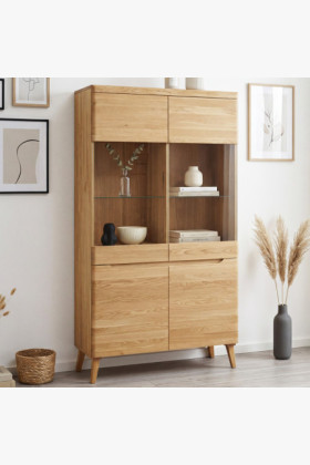 Tömör tölgyfa kétszárnyú vitrin természetes tölgy színben, 107x197 cm