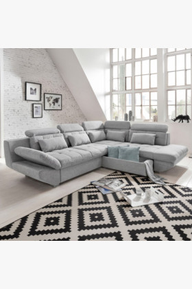 Ezüstszürke mikroszálas sarok ülőgarnitúra ággyá nyitható tárolóval,