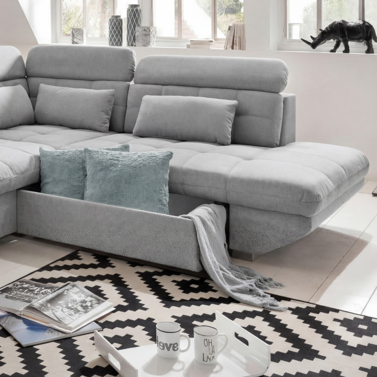 Sarok ülőgarnitúra  szürke – jobb oldali sarok ágyazható és tárolóval