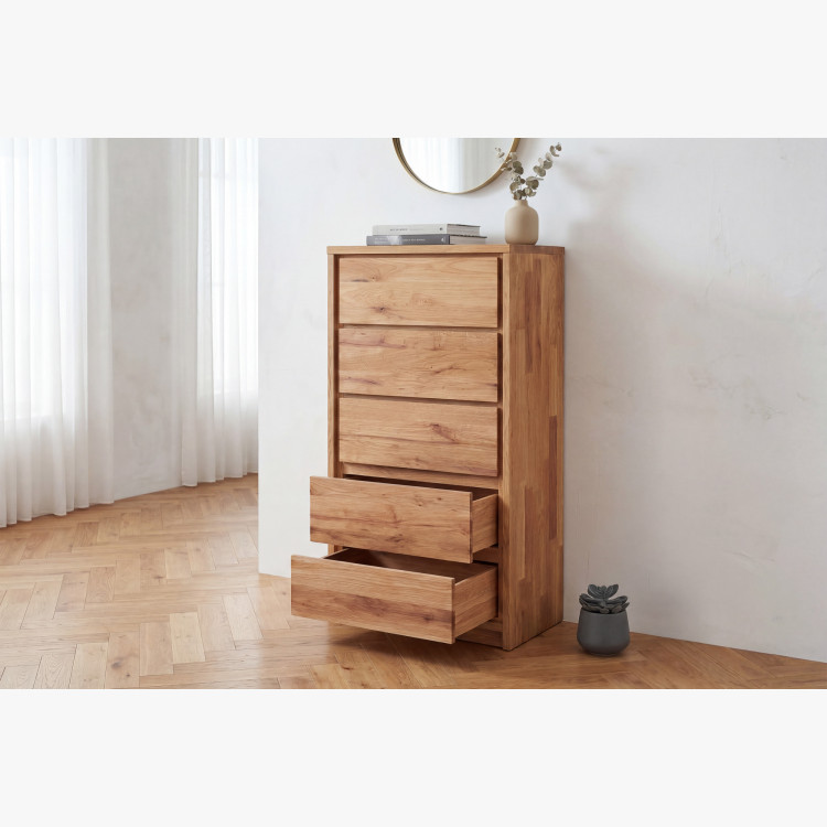 Keskeny magas tölgyfa komód – 5 fiók