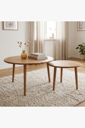 Kerek fa dohányzóasztal szett, 2 darabos, természetes fa dekor,