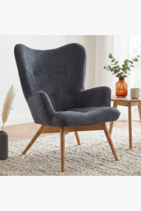 Kárpitozott szürke fotel tömör tölgyfa lábakkal, retro dizájn