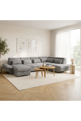 U alakú fekvő sarokkanapé tárolóval, keményfa vázzal, szürke