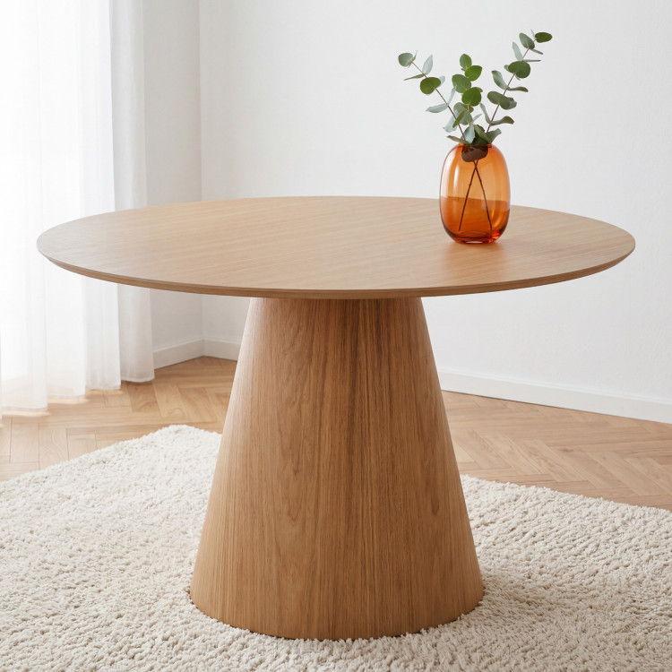 Kerek étkezőasztal 120 cm kúpos lábbal – tölgy furnér natúr