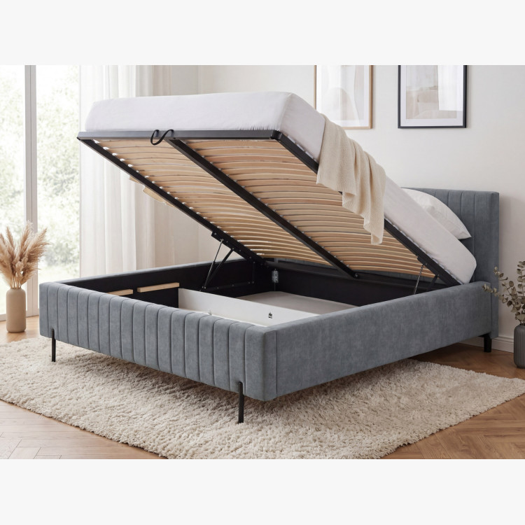 Kárpitozott ágy 180x200 szürke tárolóval és ágyráccsal