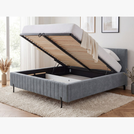 Kárpitozott ágy 180x200 szürke tárolóval és ágyráccsal