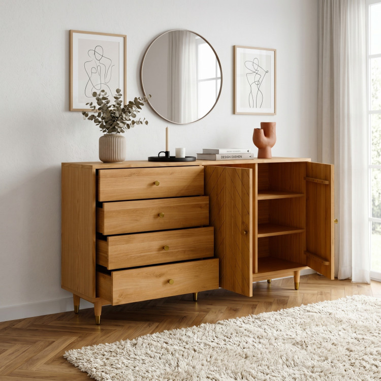 Tölgy komód 167,5 cm fiókokkal és ajtókkal – olajviasz, halk záródás