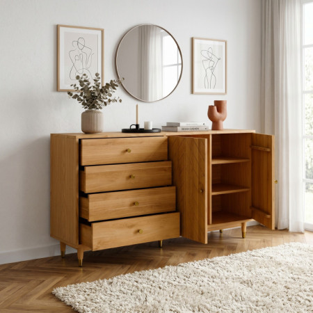 Tölgy komód 167,5 cm fiókokkal és ajtókkal – olajviasz, halk záródás