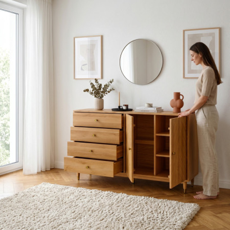 Tölgy komód 167,5 cm fiókokkal és ajtókkal – olajviasz, halk záródás