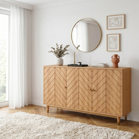 Tölgy komód ajtókkal 139 cm – luxus tömörfa komód halszálkamintás marással