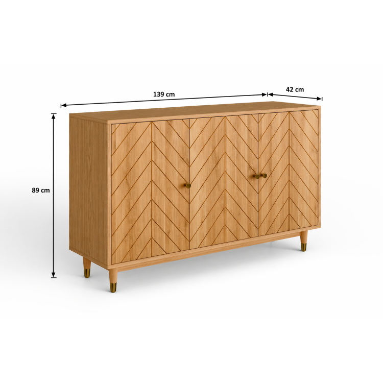 Tölgy komód ajtókkal 139 cm – luxus tömörfa komód halszálkamintás marással