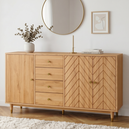 Tömör tölgy Jessica komód 190 cm halszálkamintás marással