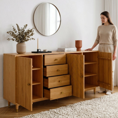 Tömör tölgy Jessica komód 190 cm halszálkamintás marással