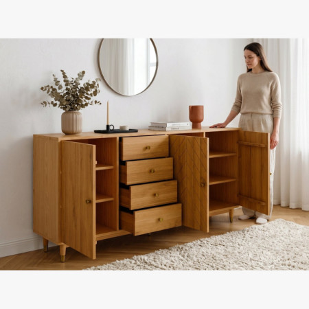 Tömör tölgy Jessica komód 190 cm halszálkamintás marással