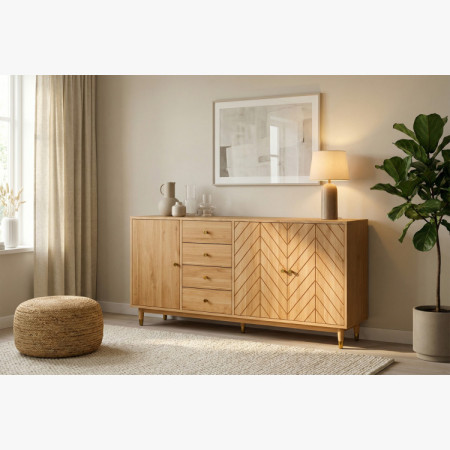 Tömör tölgy Jessica komód 190 cm halszálkamintás marással