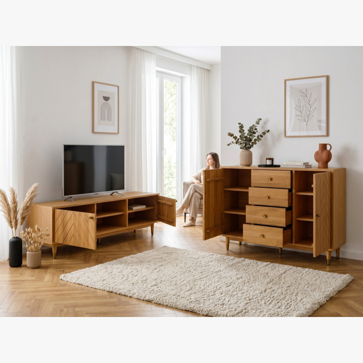 Tömörfa Jessica TV komód 179 cm díszített halszálka mintával