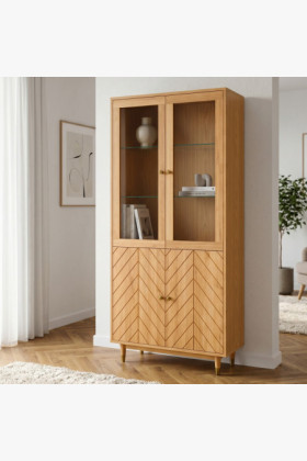 Tölgy vitrin 95 cm üveges ajtókkal és halszálka mintával
