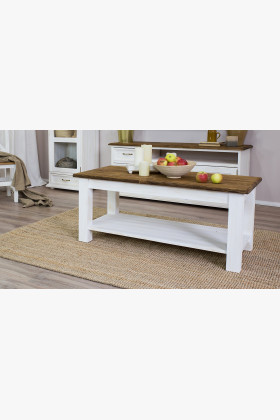 Provence stílusú tömör fenyő dohányzóasztal két tárolófelülettel,