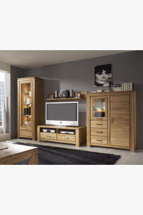 Tölgyfa nappali bútor szett, TV komód, vitrin, fém fogantyúkkal