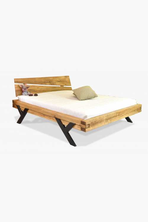 Modern tömörfa ágy, acél lábak Y alakban, 160 x 200 cm , Fa ágyak