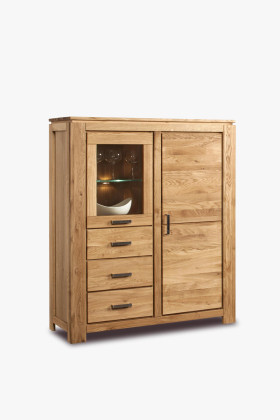 Tölgyfa vitrin üvegajtóval, 3 fiókkal, olajozott felülettel, 120x145x47